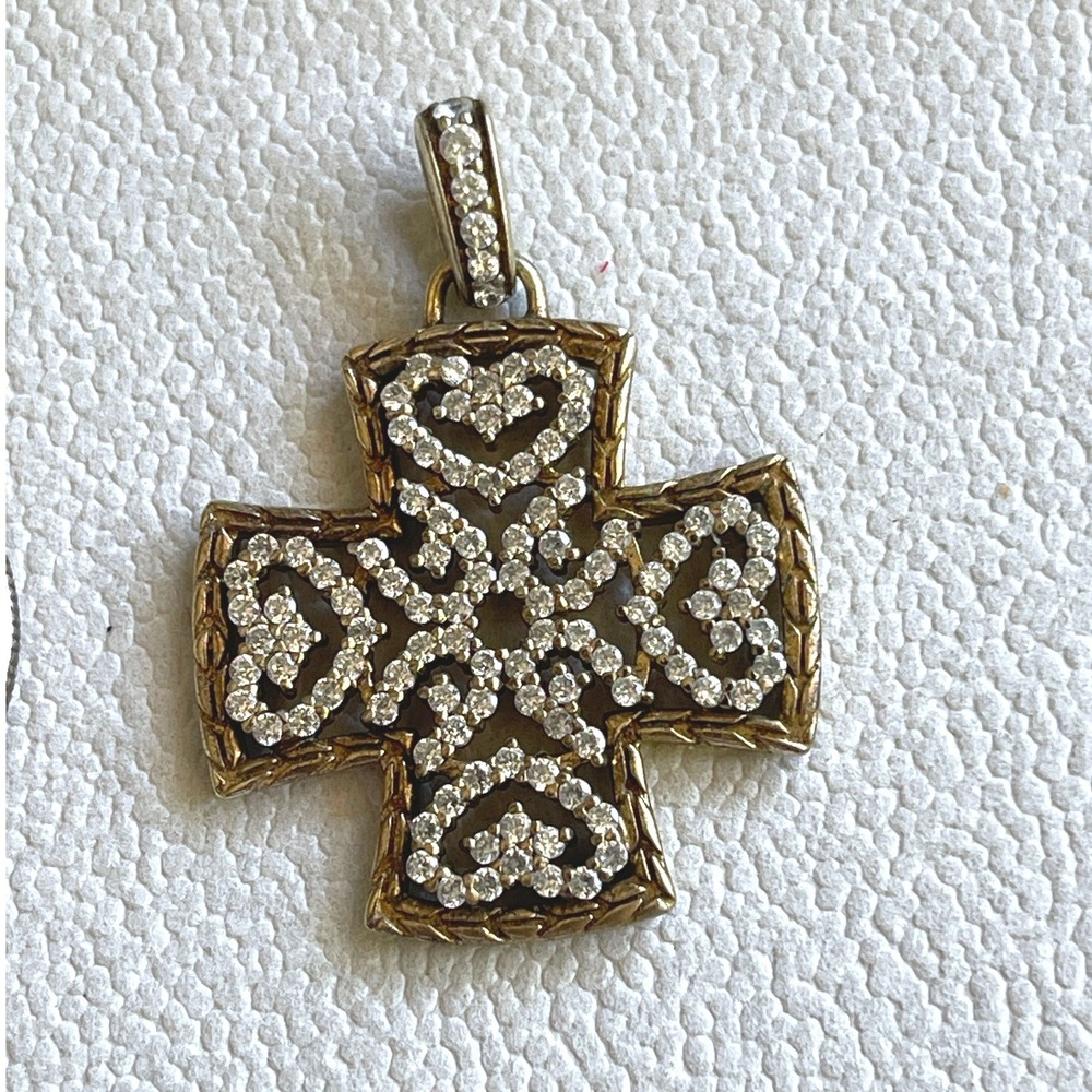 Vintage 925 Sterling Silver CZ Cross Pendant Gold Tone Pavé Heart 8g Korea